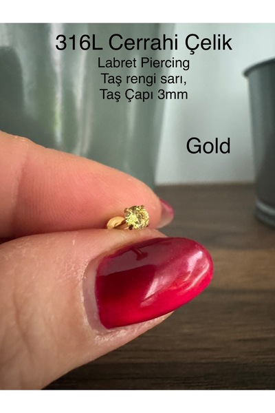 Bylin 316L Cerrahi Çelik Gold Taşlı, Gold Labret Piercing (taş Çapı 3mm)-1 adet