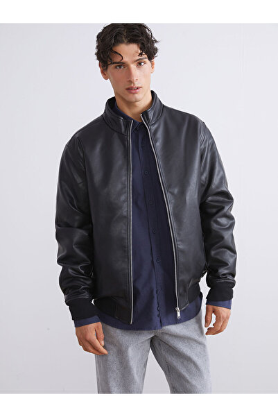 LC Waikiki Black Standard Mold Stand Collar Men's Leather Look Coat