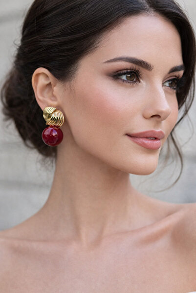 Liora Burgundy Gold Fan-Shaped Women's Earrings