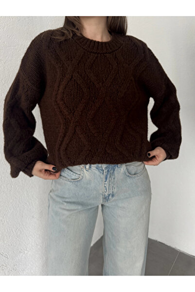 asfamoda Pulover tricotat pentru femei, cu păr maro, cu gât rotund, de iarnă