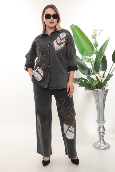 JERFİ Women's Plus Size Lace Detail Double Set