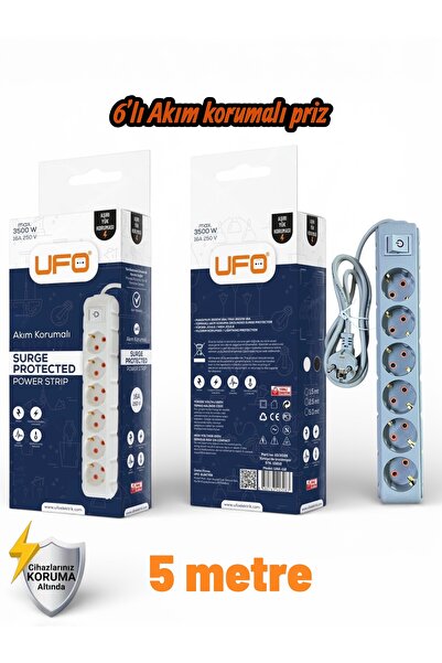 UFO Akım Korumalı 5 mt Kablolu Grup Priz Max 3500W 16 Amper Aşırı Yük Korumas...