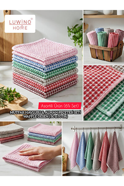 LUWİNO HOME Mutfak Kurulama Bezi 6'lı Set 50 x 70 cm Waffle Desen (ASORTİLİ) ...