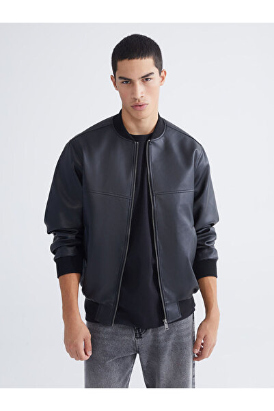 LC Waikiki Black Standard Fit College Collar Men's Leather Look Coat