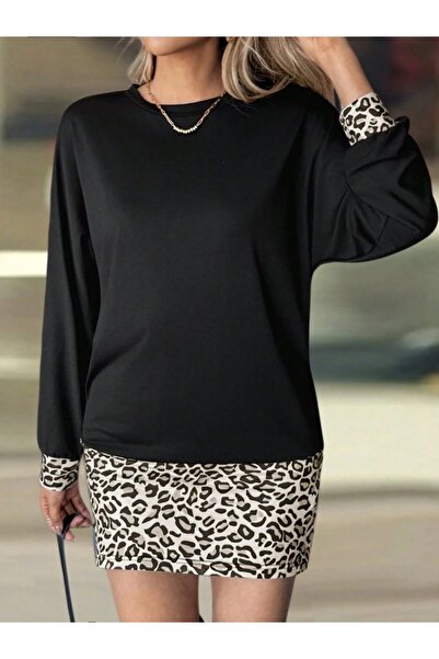 Modayakamoz Rochie mini leopard cu mânecă lungă, cu două fire, din viscoză, p...