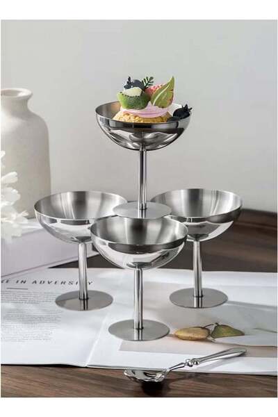 GENERAL طقم من 4 أكواب آيس كريم، وعاء حلوى من الفولاذ المقاوم للصدأ بقاعدة، أ...