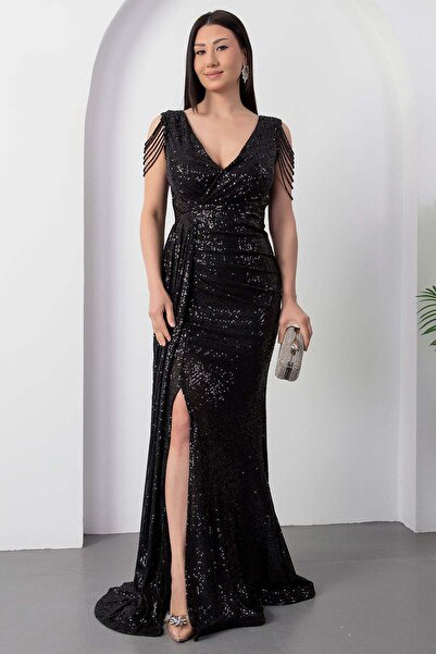 PULLIMM Double-Breasted Collar Shoulder Tassel Pulpayet Dress 4108