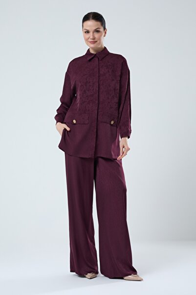 Jupe Kadın Cepli Jakarlı İpek Kupra Takım 8596