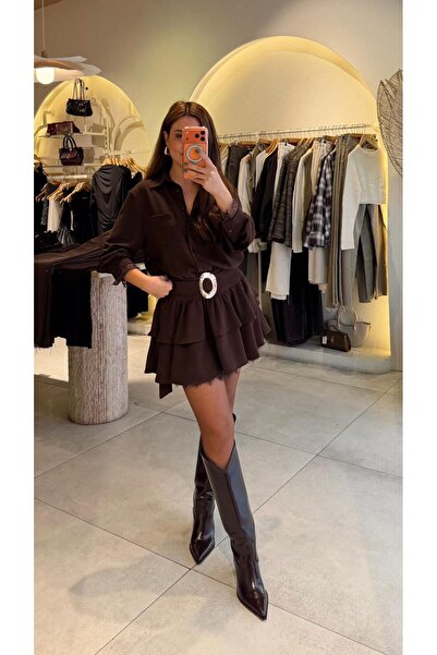 Fistan Byn Melisa Gold Kemer Kahve Mini Elbise