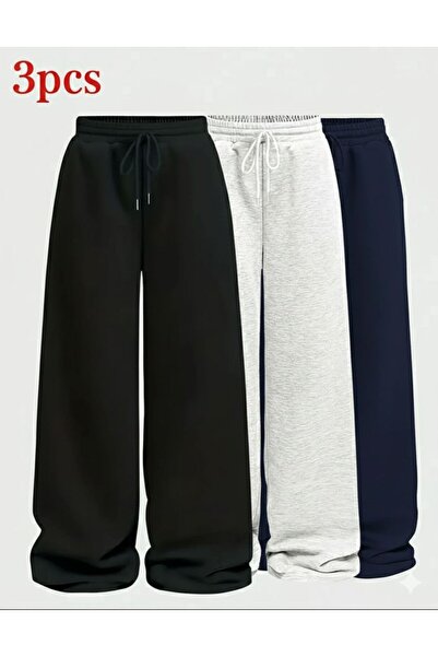 DEEP FİT Üç adet siyah gri lacivert bol rahat kalıp düz paça eşofman altı CAVIN