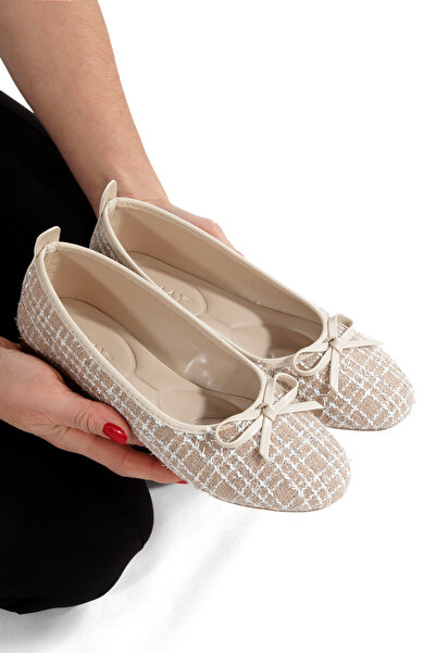 CEMAY Balerini din țesătură tweed pentru femei, cu fundă simplă, potriviți pe...