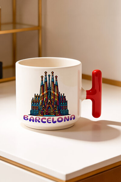 BB TRADE Barcelona Designed Red T-Handled Ceramic Printed Mug Cup 250 ml