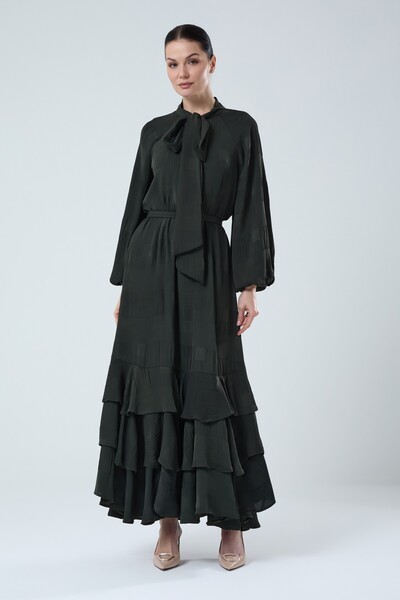 Jupe Kadın Dokuma Kumaş Piliseli Volan Etekli Astarlı Elbise 7265