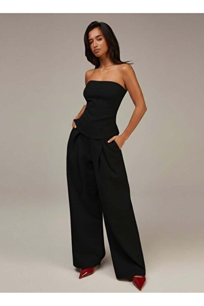 Afri Women's Black 2 Thread Strapless Bustier and Wide Leg Pleated Pants Set ...