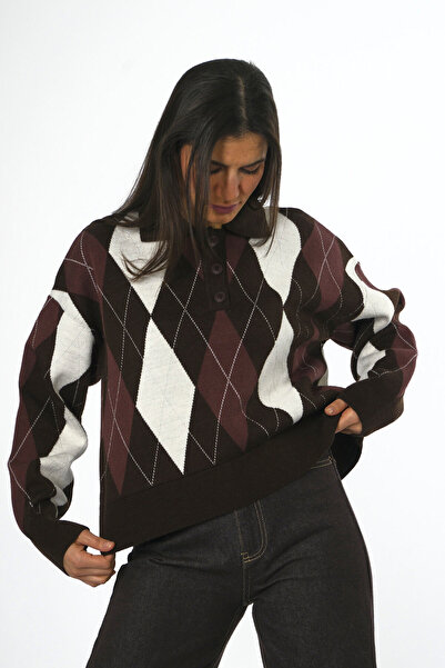 ABBRA Women's Diamond Pattern Polo Neck Sweater