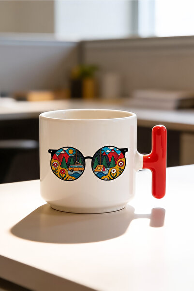BB TRADE Red T-Handle Ceramic Printed Mug Cup with Colorful Glasses Design 25...