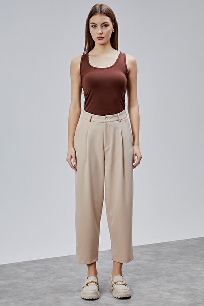 Bolivente Stone Premium Mid-Waist Pleated Short-Leg Trousers