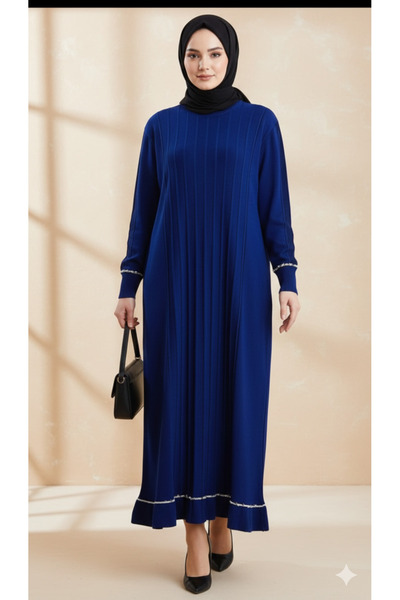 GÜLLCEBUTİK Kadın Saks Mavisi Piliseli Uzun Elbise – Tesettüre Uygun, Zarif K...