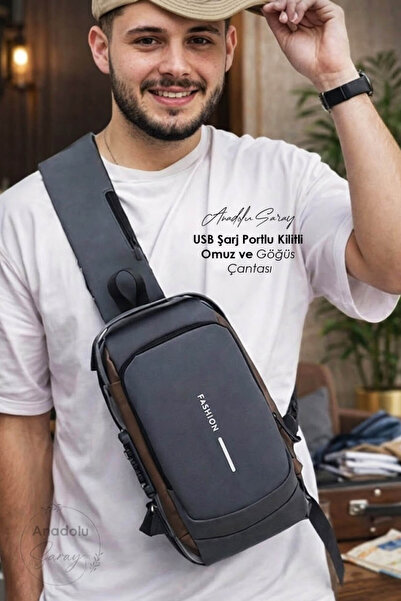 Anadolu Saray USB Şarj Portlu Kilitli Omuz ve Göğüs Çantası – Powerbank Uyuml...