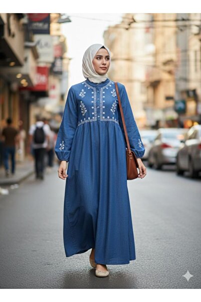 AXXAN Women's Denim Dress Embroidered Half Placket Dress