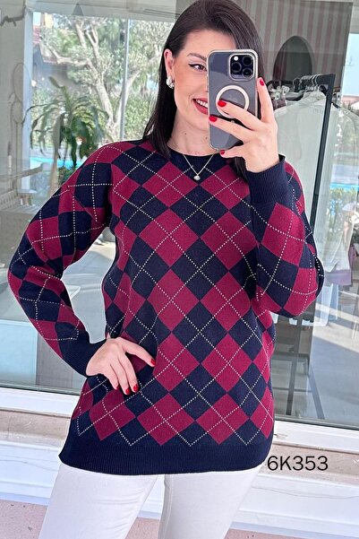 İnce Topuk Crew Neck Diamond Patterned Knitwear Blouse 6K353
