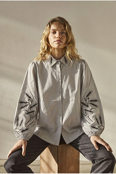 FEMELLE Women's Gray Balloon Sleeve Shirts with Gathered Embroidered Detail a...