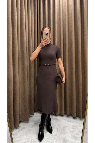 Maysa KEMERLİ SELANİK KUMAŞ ELBİSE-KAHVE