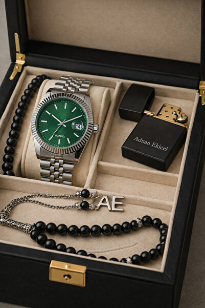 pierrose Erkek Yeşil Kadran Çelik Kasa Metal Kordon Kol Saati Bileklik Tesbih...