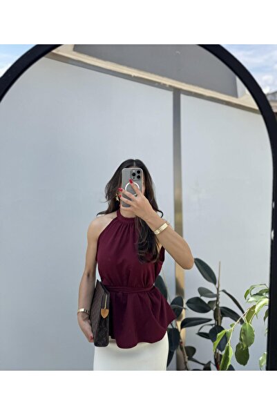 akya BORDO İP KEMERLİ KOLSUZ BLUZ