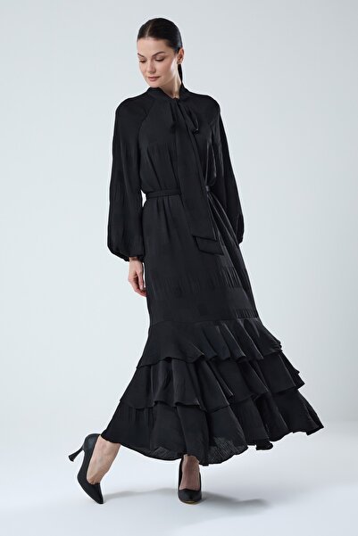 Jupe Kadın Dokuma Kumaş Piliseli Volan Etekli Astarlı Elbise 7265