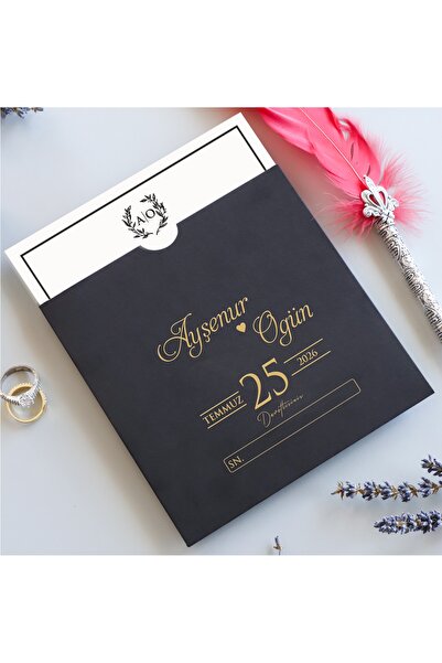 Pixel Davetiye 50 Adet Siyah Düğün Davetiye Altın Yaldızlı-Düğün-Nişan-Kına-S...