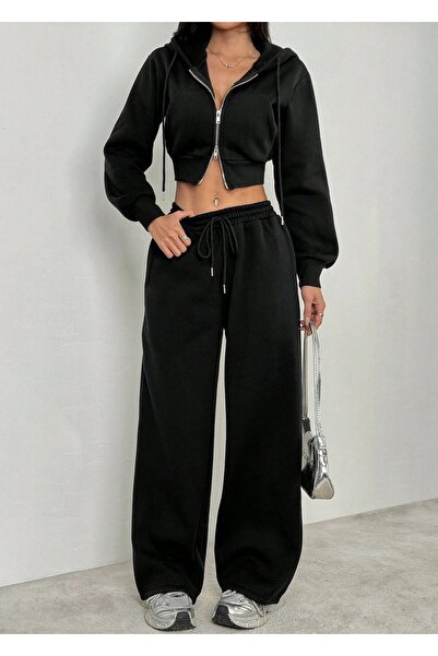 Eva Sunset Women's Black Fleece Inside Winter High Waist Wide Leg Sweatpants