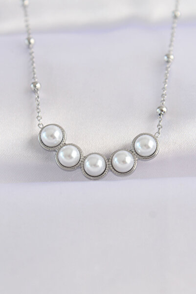 blackpure 316L Steel Chain Silver Color Row Pearl Stone Necklace