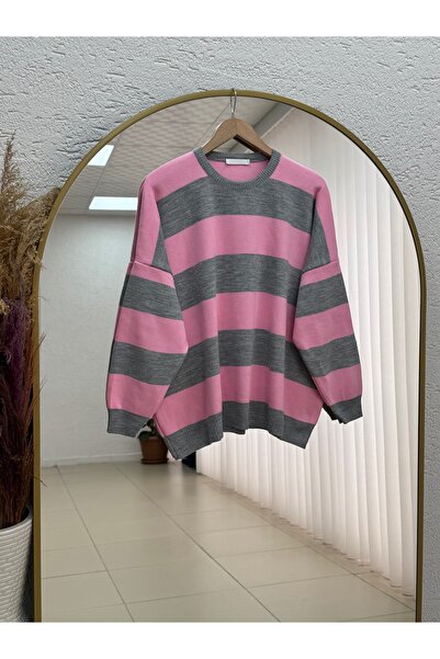 MİHRA STORE Sevim Thick Striped Knit Sweater-Zi̇5268 Gray