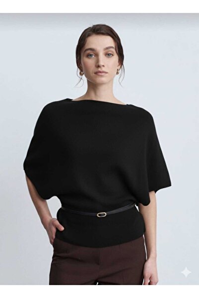 Dilvin 10838 Wool Blend Belted Boat Neck Sweater-Black