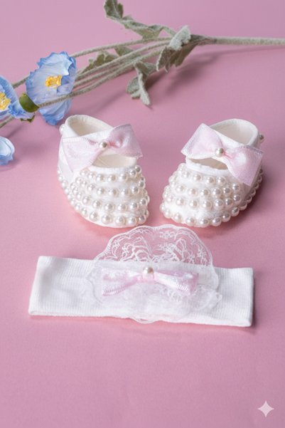 Tontiny Shiny Pearl Shoes/Booties with Bow Detail-Hair Band Set Baby Gift (10 cm)