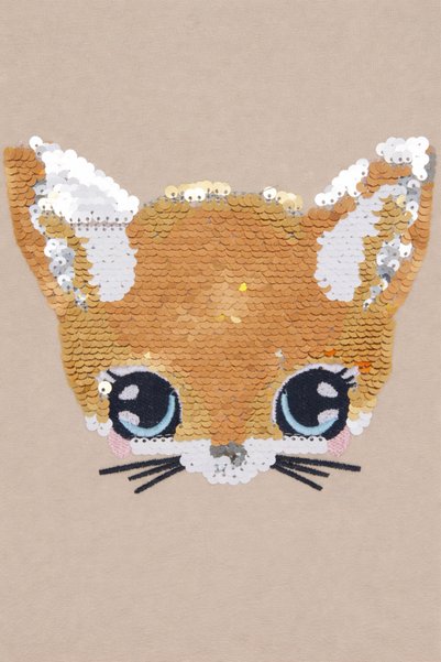 Moonbelle Girl's Long Sleeve T-Shirt with Moving Sequins and Embroidered Cat Figure – Beige
