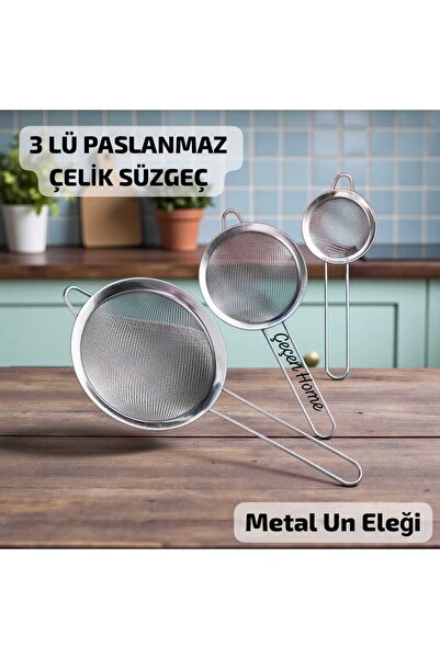 ÇEÇEN HOME 3'Lü Metal Saplı Sık Gözlü Paslanmaz Çelik Süzgeç Seti Metal Elek ...