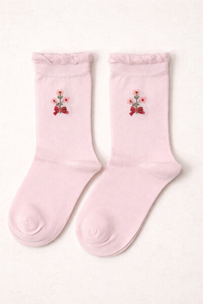tibo 2 Pairs of Women's Socks with Stitch-Free Ruffles and Pink Flowers