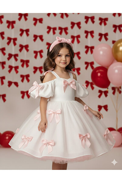 ZAIRE Elegant White Dress with Pink Bows for Girls