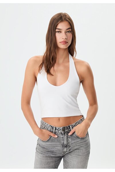 modavingo Women's White Halter Neck Soft Front Double Layer Crop Top Bodysuit