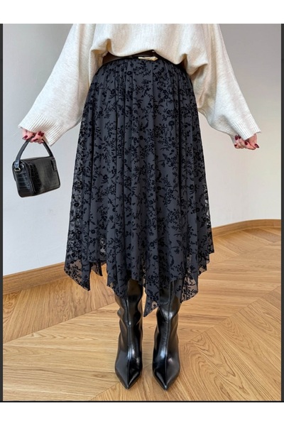 MİRVE BUTİK Flock Print Black Lined Skirt
