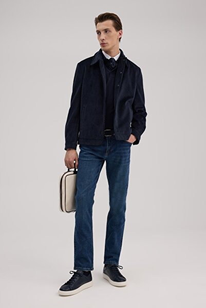 Jakamen Navy Blue Comfort Fit Judge Collar Velvet Coat