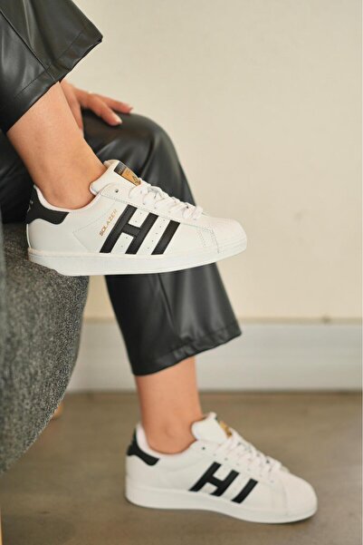 SOLAZER Women's White Black Line Detailed Orthopedic Sneaker 059-K