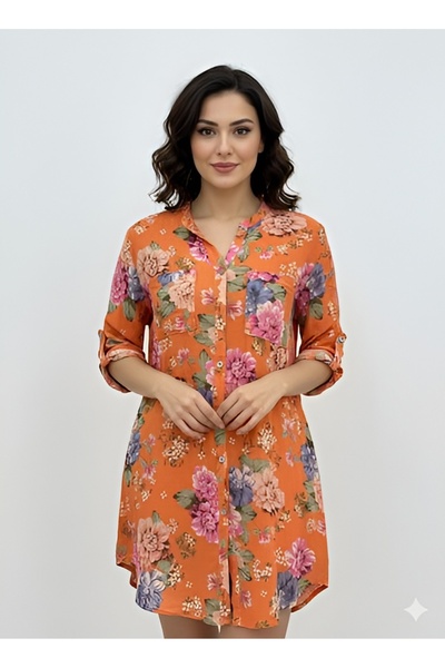 AGORATEKSTİL Women's Original Italian Floral Patterned Short Shirt Dress