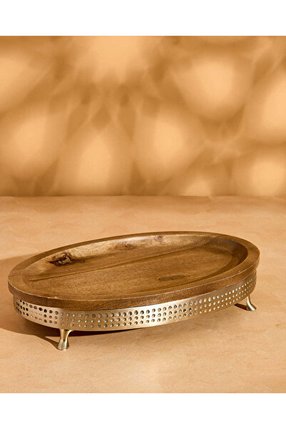 REDTAG صينية بيضاوية خشبية بنية اللون مع حامل معدني ذهبي