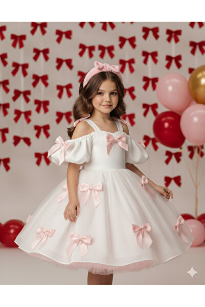 ZAIRE Rochie albă elegantă cu funde roz pentru fete