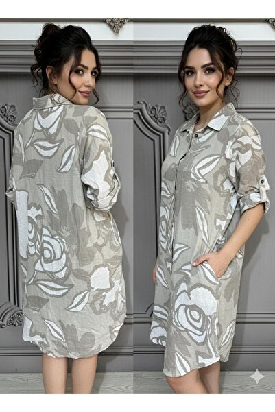 AGORATEKSTİL Γυναικείο πουκάμισο φόρεμα με αυθεντικό ιταλικό σχέδιο τριαντάφυ...