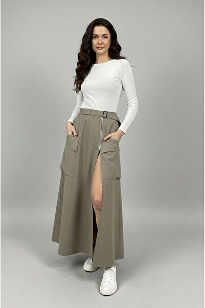 harmony_byharmony Uzun Yırtmaçlı Fermuarlı Kargo Cepli Pamuklu Etek