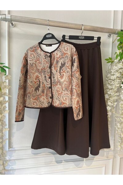 TrendParis Ethnic Patterned Stylish Diver Fabric Jacket & Skirt Two-Piece Set